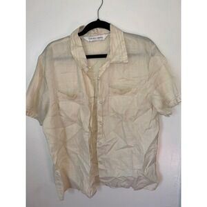 Carlie's Court Linen Button Down Women Sz M Cream 100% Linen Crochet Trim Top
